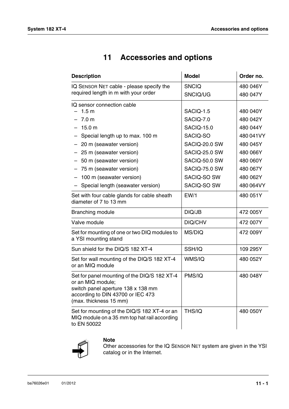 11 accessories and options, 11 accessories and options -1, Chapter 11 a | Ccessories, Options | YSI DIQ/S 182 XT-4 System 182 XT-4 User Manual | Page 147 / 154