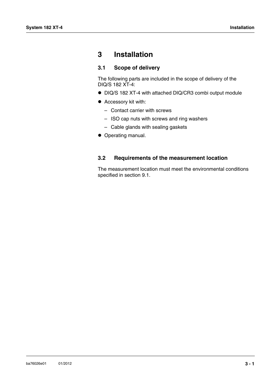 3 installation, 1 scope of delivery, 2 requirements of the measurement location | Installation -1, Scope of delivery -1, Requirements of the measurement location -1, 3installation | YSI DIQ/S 182 XT-4 System 182 XT-4 User Manual | Page 15 / 154