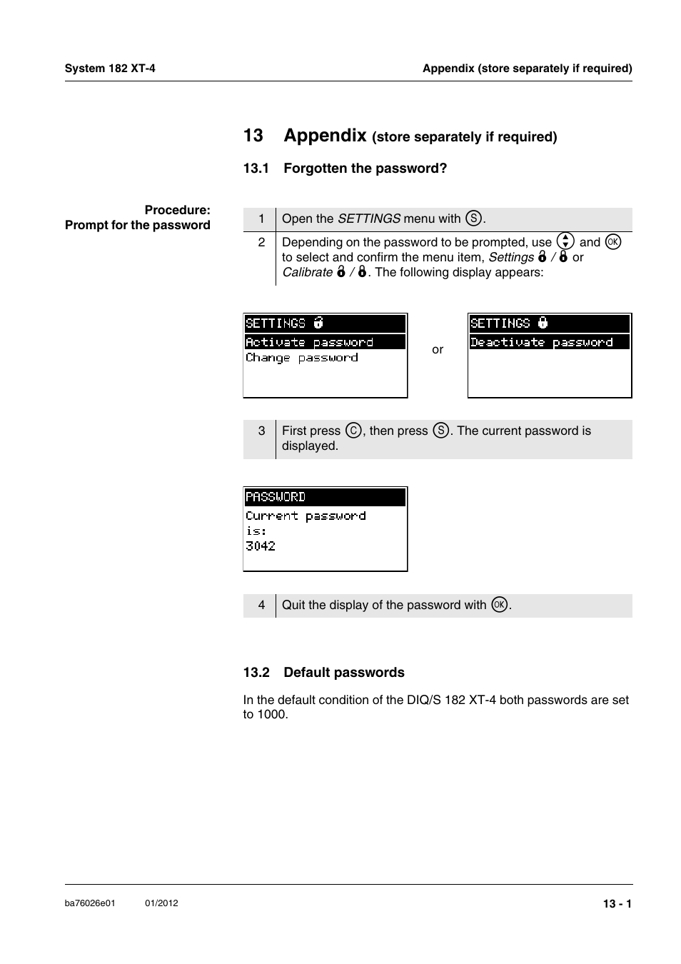 13 appendix (store separately if required), 1 forgotten the password, 2 default passwords | 13 appendix (store separately if required) -1, 13 appendix | YSI DIQ/S 182 XT-4 System 182 XT-4 User Manual | Page 151 / 154