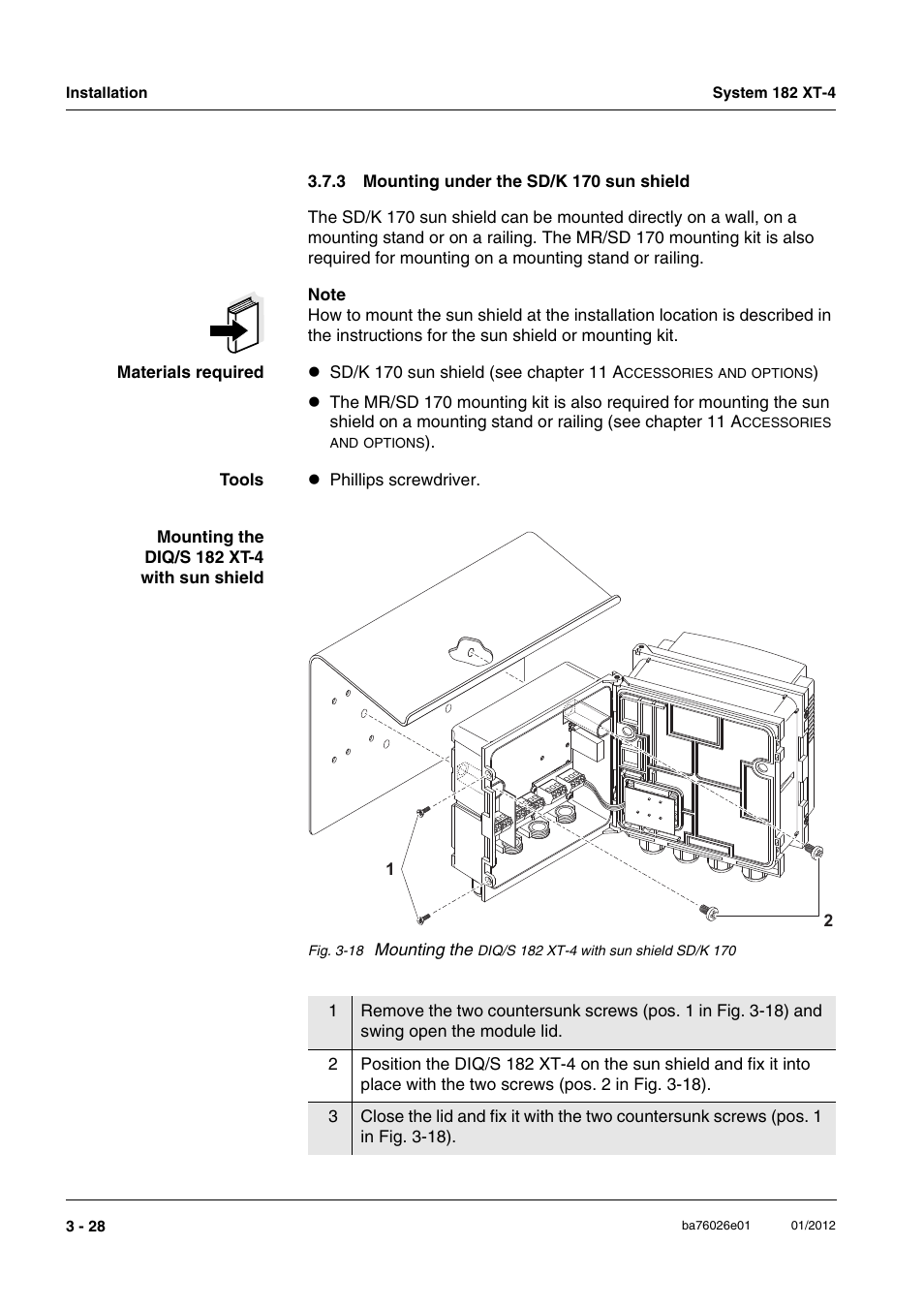 3 mounting under the sd/k 170 sun shield, Mounting under the sd/k 170 sun shield -28, Section 3.7.3) | YSI DIQ/S 182 XT-4 System 182 XT-4 User Manual | Page 42 / 154