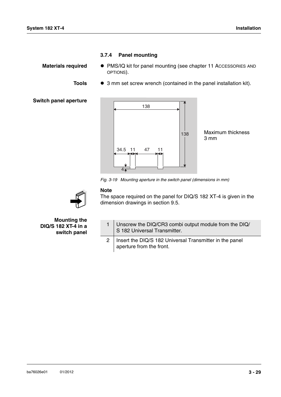 4 panel mounting, Panel mounting -29, Section 3.7.4) | YSI DIQ/S 182 XT-4 System 182 XT-4 User Manual | Page 43 / 154