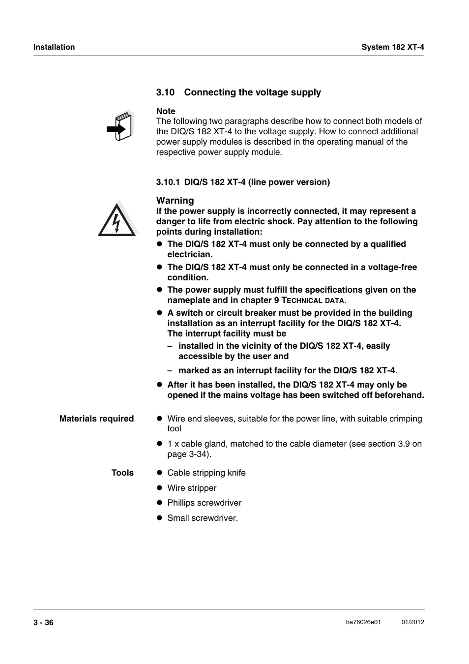 10 connecting the voltage supply, 1 diq/s 182 xt-4 (line power version), 10 connecting the voltage supply -36 | 1 diq/s 182 xt-4 (line power version) -36 | YSI DIQ/S 182 XT-4 System 182 XT-4 User Manual | Page 50 / 154