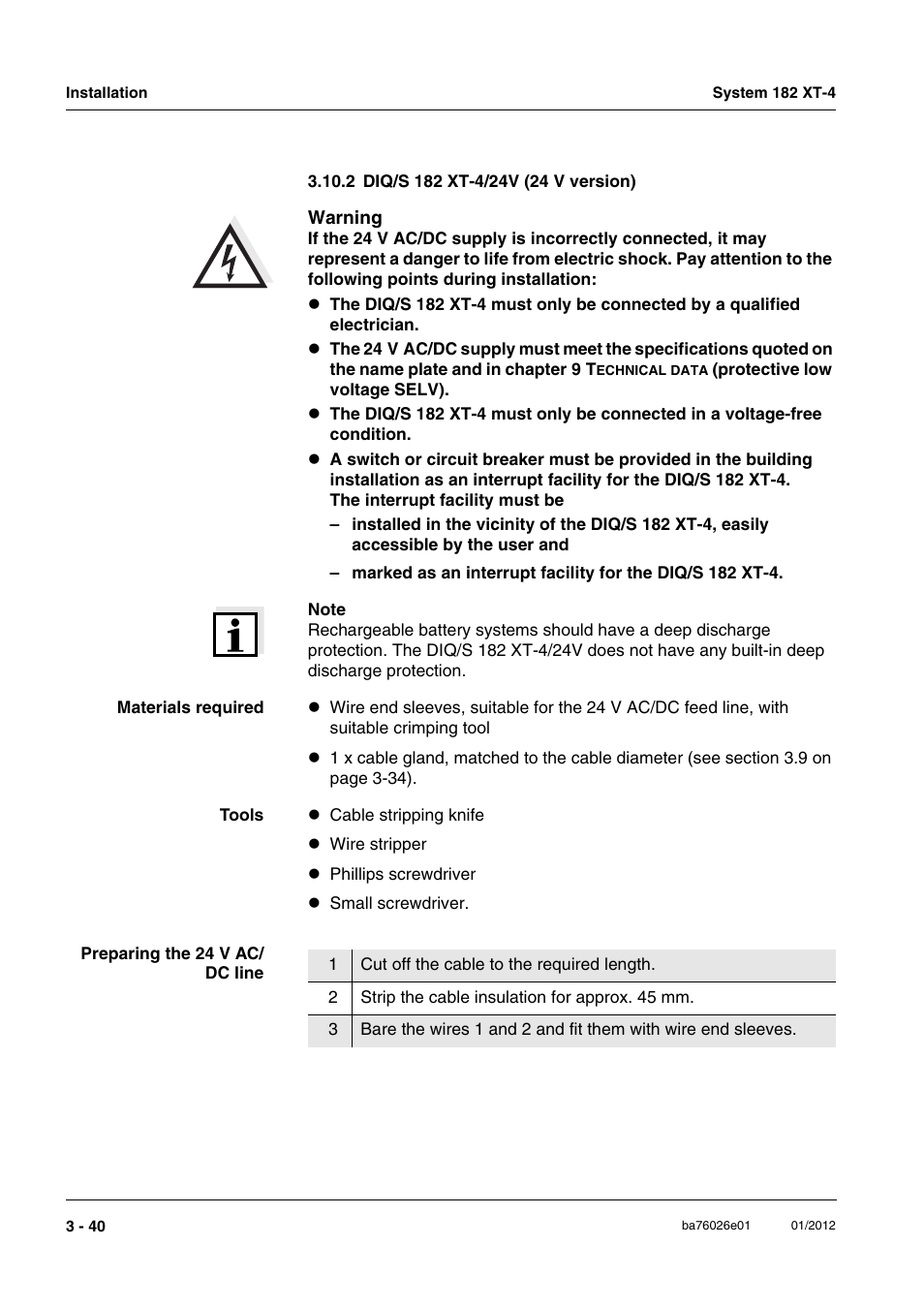 2 diq/s 182 xt-4/24v (24 v version), 2 diq/s 182 xt-4/24v (24 v version) -40 | YSI DIQ/S 182 XT-4 System 182 XT-4 User Manual | Page 54 / 154