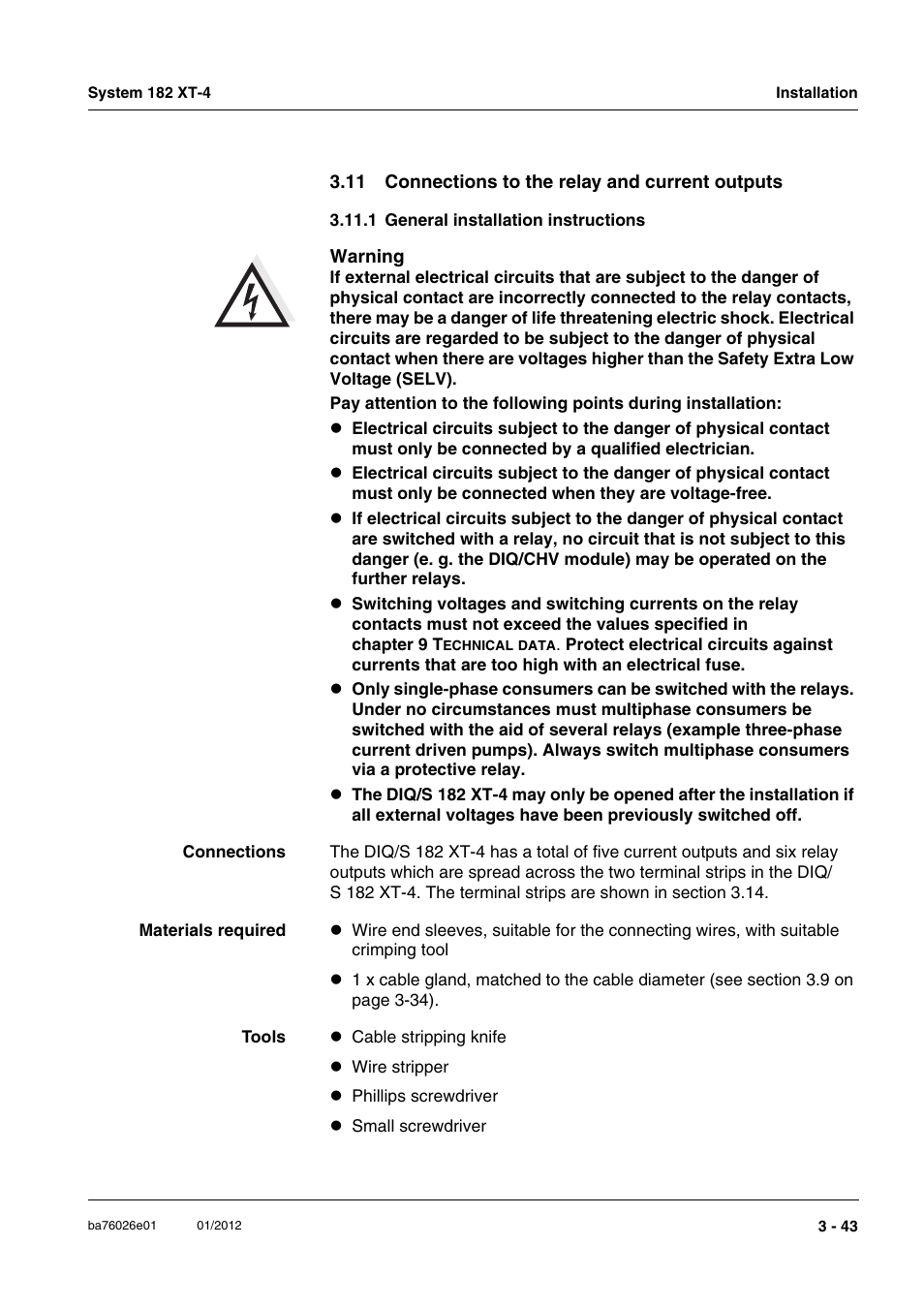 11 connections to the relay and current outputs, 1 general installation instructions, 1 general installation instructions -43 | YSI DIQ/S 182 XT-4 System 182 XT-4 User Manual | Page 57 / 154