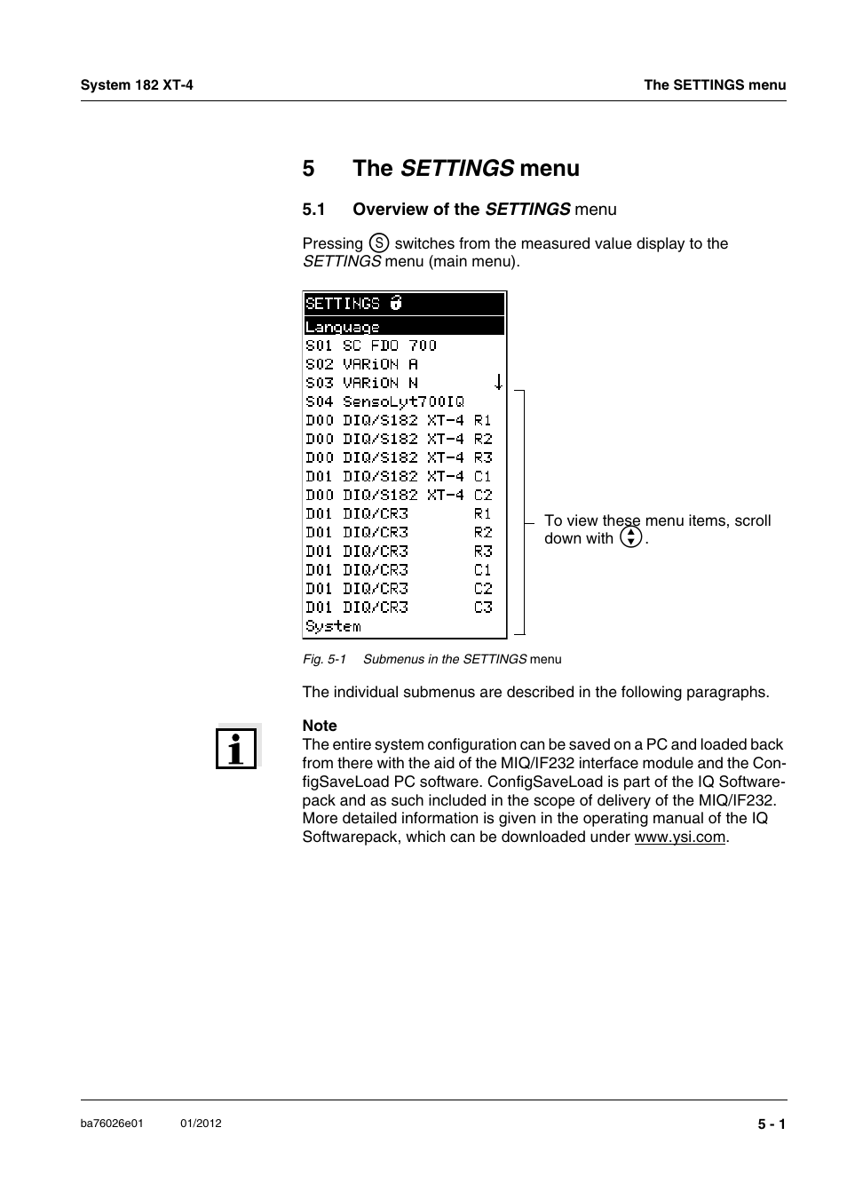 5 the settings menu, 1 overview of the settings menu, Overview of the | 5the settings menu | YSI DIQ/S 182 XT-4 System 182 XT-4 User Manual | Page 87 / 154