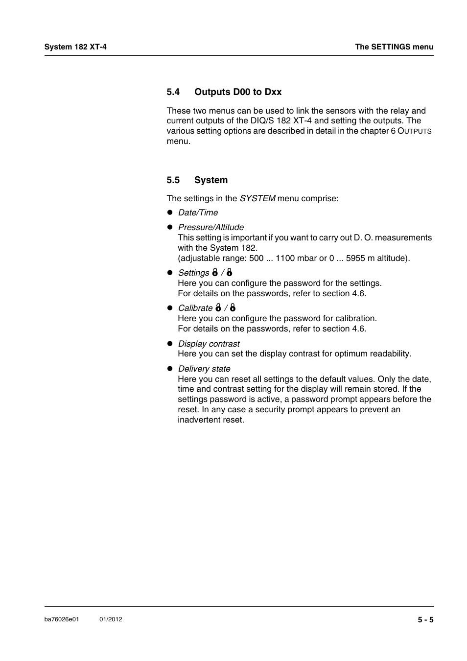 4 outputs d00 to dxx, 5 system, Outputs d00 to dxx -5 | System -5 | YSI DIQ/S 182 XT-4 System 182 XT-4 User Manual | Page 91 / 154