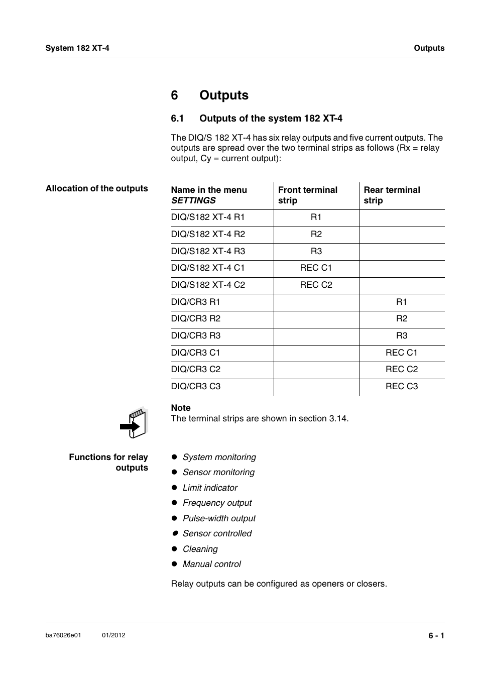 6 outputs, 1 outputs of the system 182 xt-4, Outputs -1 | Outputs of the system 182 xt-4 -1, He chapter 6 o, Utputs, 6outputs | YSI DIQ/S 182 XT-4 System 182 XT-4 User Manual | Page 93 / 154