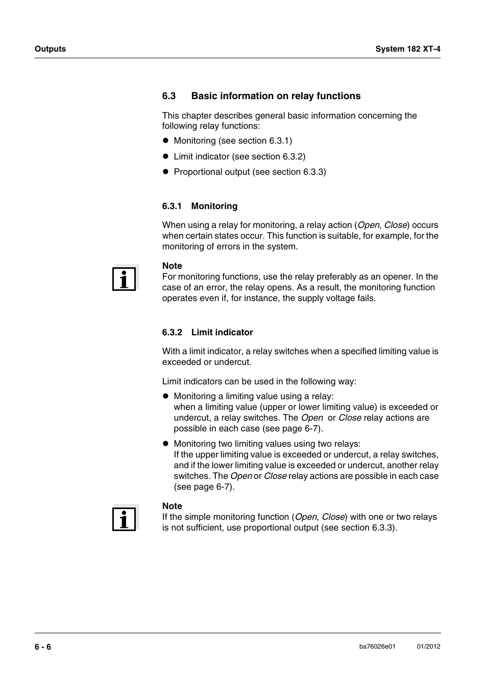 3 basic information on relay functions, 1 monitoring, 2 limit indicator | Basic information on relay functions -6 6.3.1, Monitoring -6, Limit indicator -6 | YSI DIQ/S 182 XT-4 System 182 XT-4 User Manual | Page 98 / 154