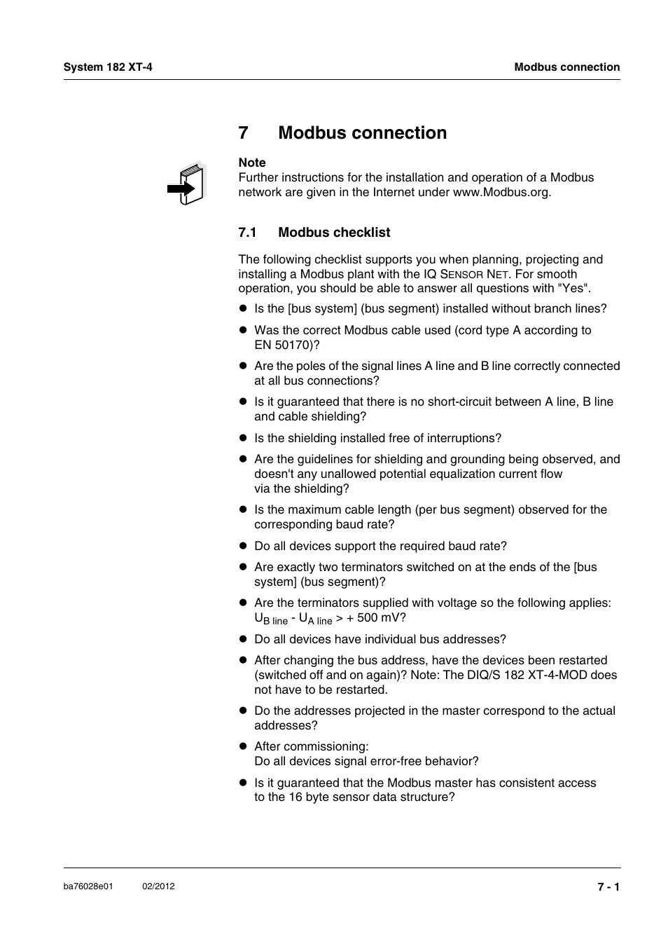 7 modbus connection, 1 modbus checklist, Modbus connection -1 | Modbus checklist -1, Chapter 7 m, Odbus, Connection, T is given in chapter 7 m, 7modbus connection | YSI DIQ/S 182 XT-4-MOD User Manual | Page 117 / 160