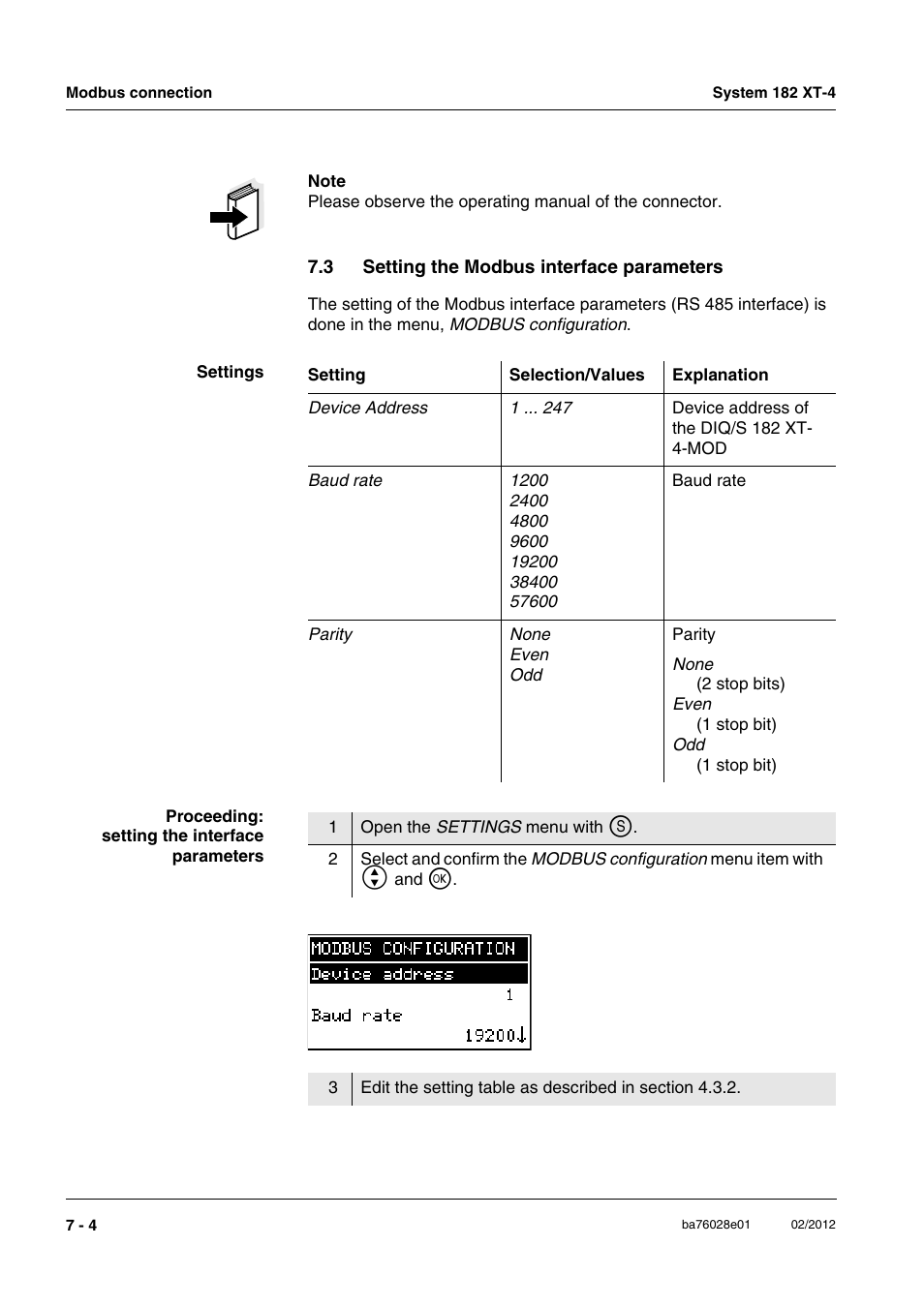 3 setting the modbus interface parameters, Setting the modbus interface parameters -4, Proceeding, see section 7.3 | YSI DIQ/S 182 XT-4-MOD User Manual | Page 120 / 160
