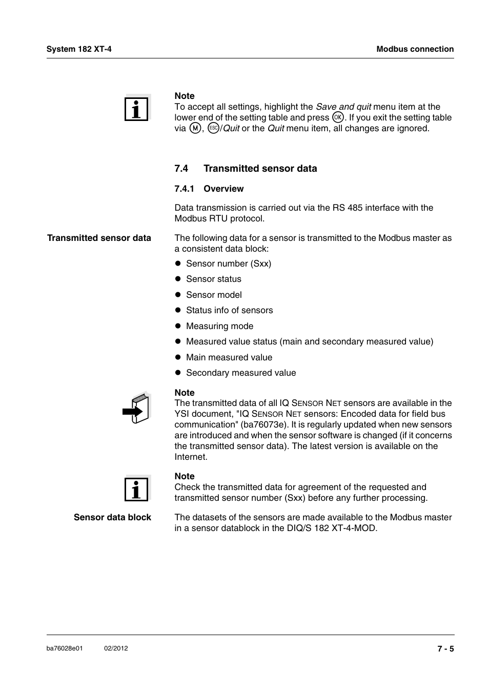 4 transmitted sensor data, 1 overview, Transmitted sensor data -5 7.4.1 | Overview -5 | YSI DIQ/S 182 XT-4-MOD User Manual | Page 121 / 160