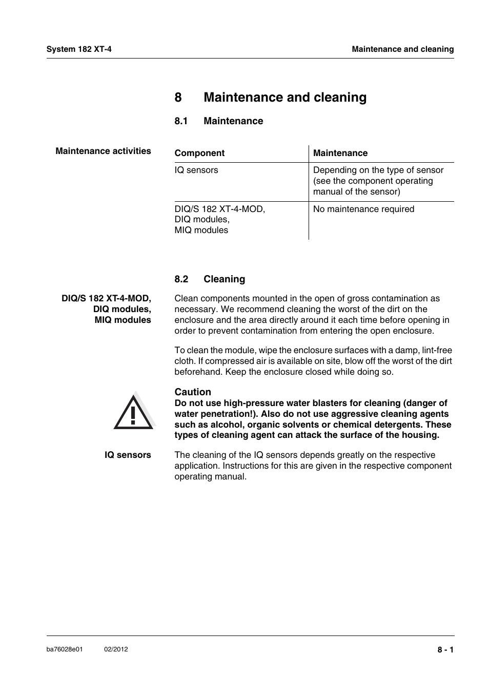 8 maintenance and cleaning, 1 maintenance, 2 cleaning | Maintenance and cleaning -1, Maintenance -1, Cleaning -1, 8maintenance and cleaning | YSI DIQ/S 182 XT-4-MOD User Manual | Page 131 / 160