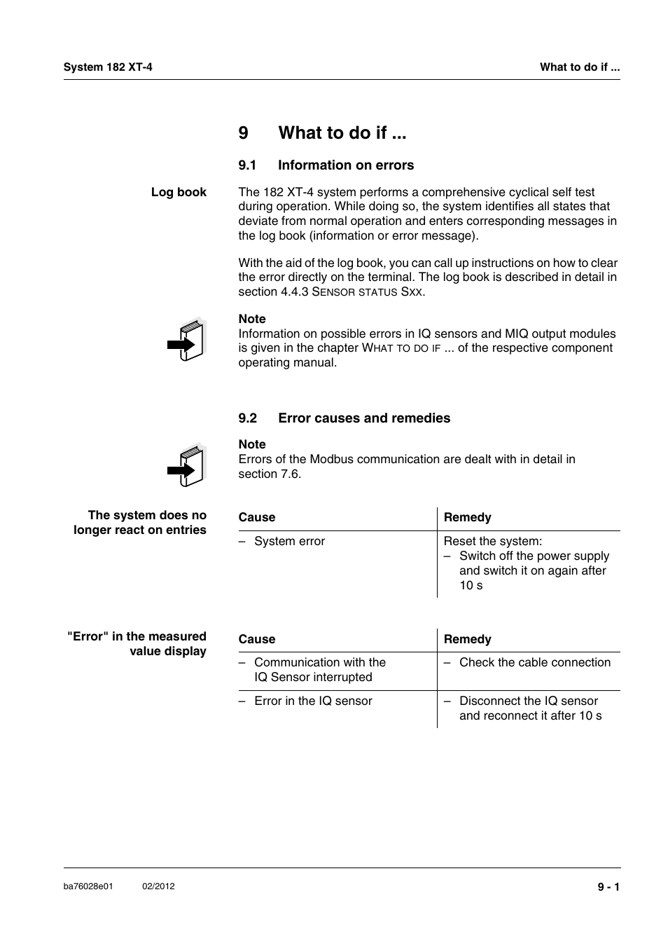 9 what to do if, 1 information on errors, 2 error causes and remedies | What to do if -1, Information on errors -1, Error causes and remedies -1, See chapter 9 w, Dealt with in chapter 9 w, 9what to do if | YSI DIQ/S 182 XT-4-MOD User Manual | Page 133 / 160