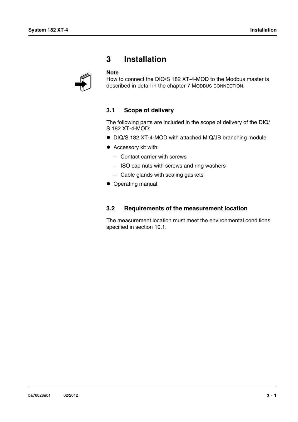 3 installation, 1 scope of delivery, 2 requirements of the measurement location | Installation -1, Scope of delivery -1, Requirements of the measurement location -1, 3installation | YSI DIQ/S 182 XT-4-MOD User Manual | Page 15 / 160