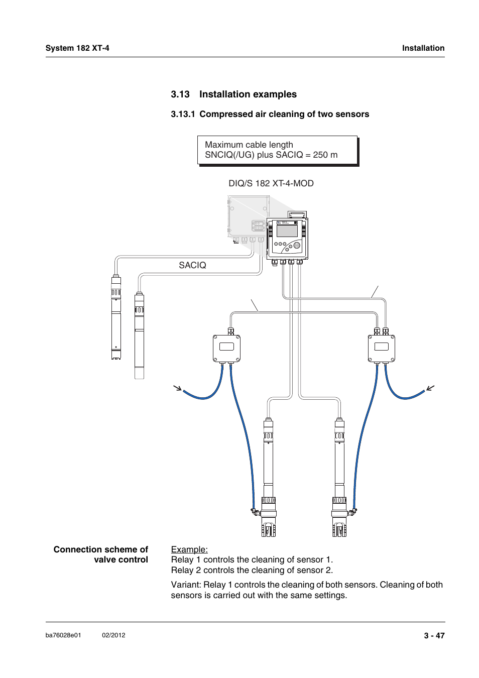 13 installation examples, 1 compressed air cleaning of two sensors, 13 installation examples -47 | 1 compressed air cleaning of two sensors -47, E given in section 3.13 i, Nstallation, Examples, And installation examples in section 3.13) | YSI DIQ/S 182 XT-4-MOD User Manual | Page 61 / 160