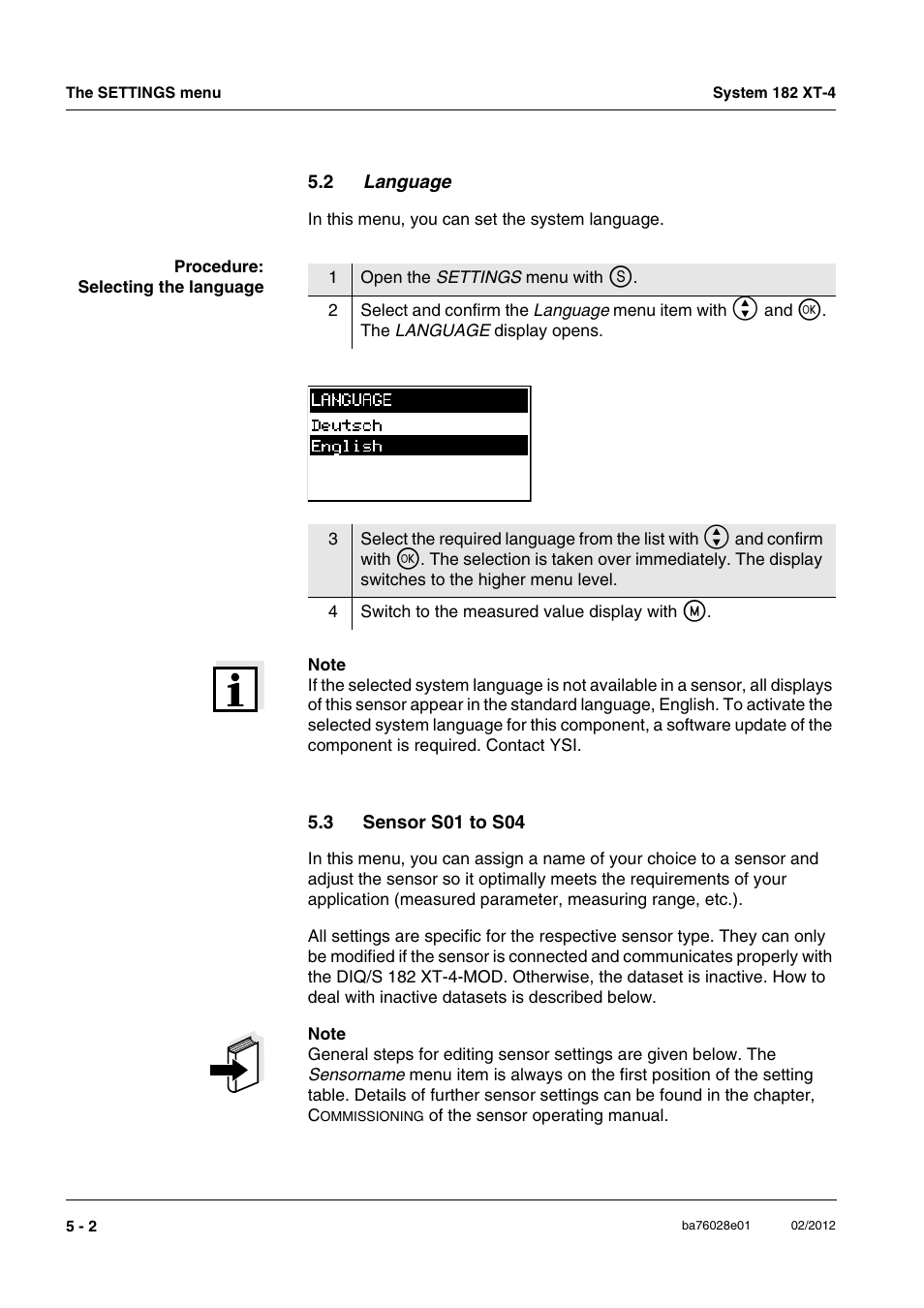 2 language, 3 sensor s01 to s04, Sensor s01 to s04 -2 | YSI DIQ/S 182 XT-4-MOD User Manual | Page 86 / 160