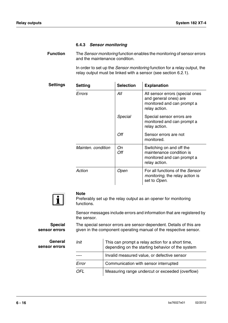 3 sensor monitoring, Senso, See section 6.4.3 | YSI DIQ/S 182 XT-4-PR User Manual | Page 106 / 158