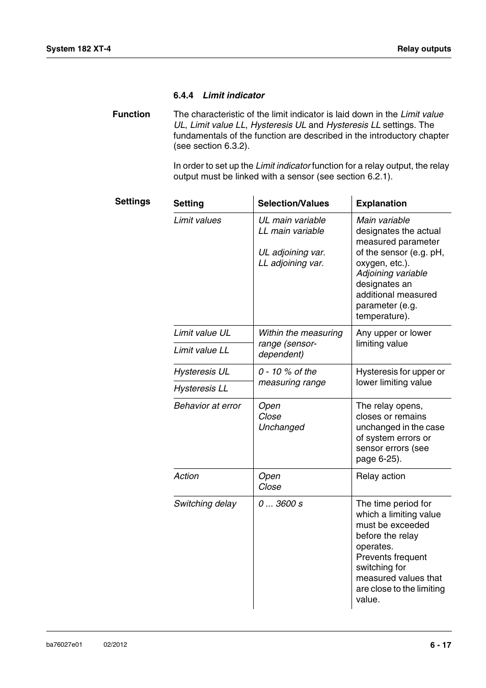 4 limit indicator, Limit indicator, See section 6.4.4 | YSI DIQ/S 182 XT-4-PR User Manual | Page 107 / 158