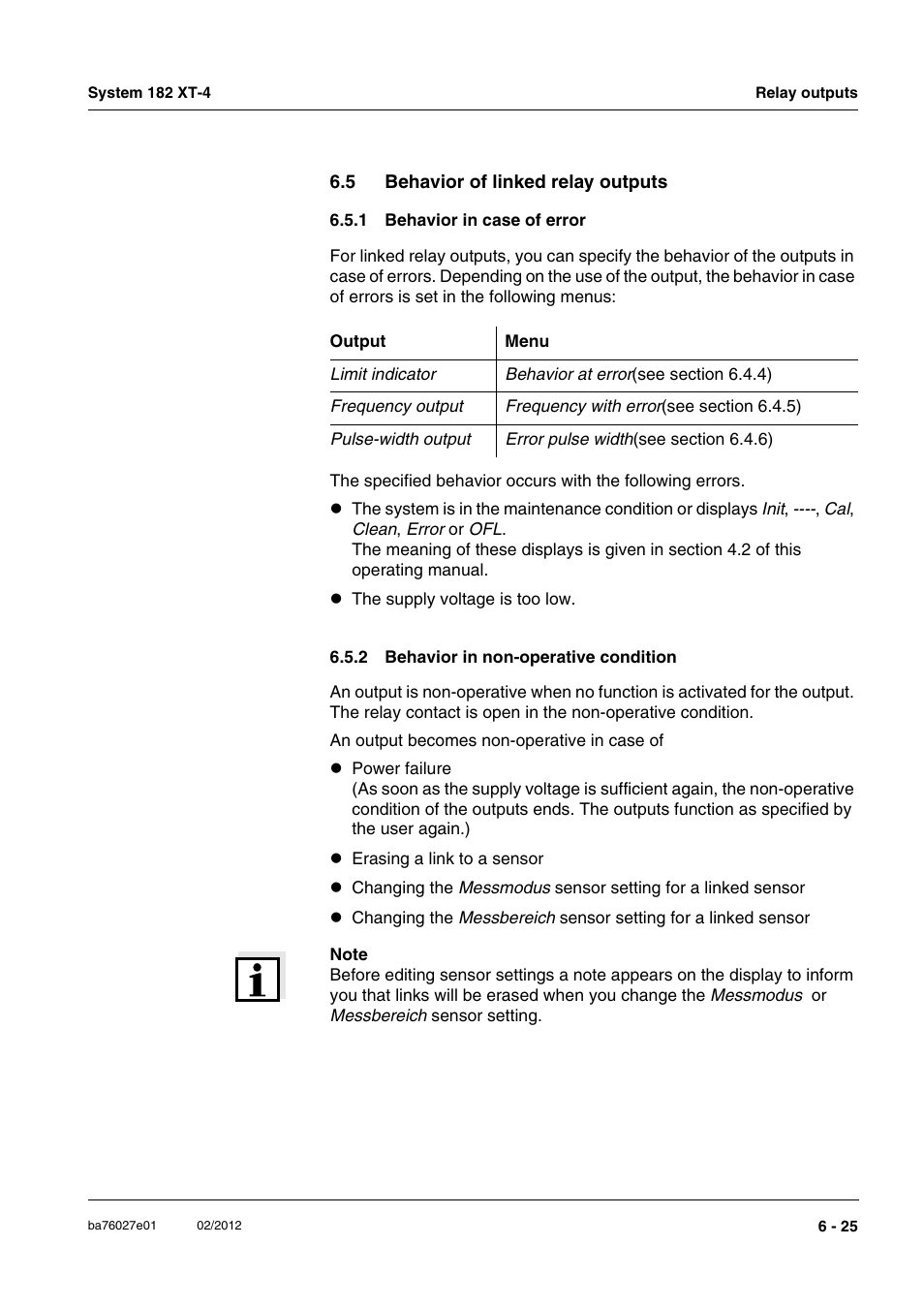 5 behavior of linked relay outputs, 1 behavior in case of error, 2 behavior in non-operative condition | Behavior of linked relay outputs -25 6.5.1, Behavior in case of error -25, Behavior in non-operative condition -25 | YSI DIQ/S 182 XT-4-PR User Manual | Page 115 / 158