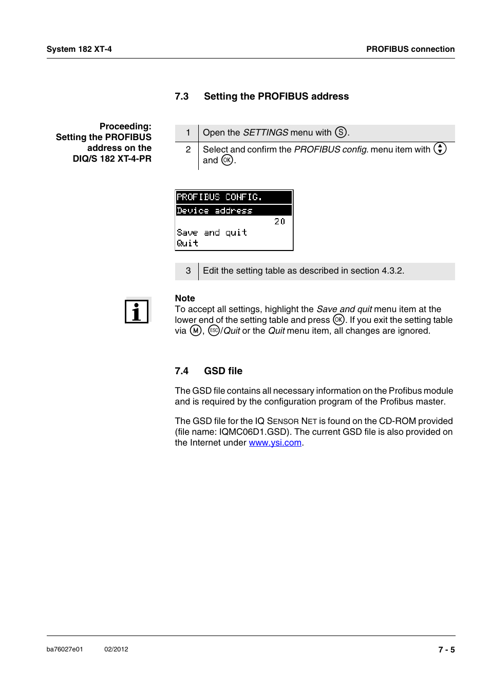 3 setting the profibus address, 4 gsd file, Setting the profibus address -5 | Gsd file -5, Section 7.3) | YSI DIQ/S 182 XT-4-PR User Manual | Page 121 / 158