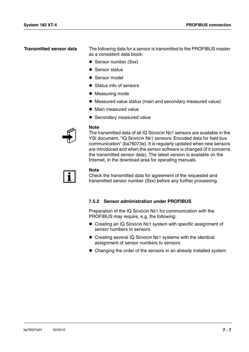 2 sensor administration under profibus, Sensor administration under profibus -7 | YSI DIQ/S 182 XT-4-PR User Manual | Page 123 / 158