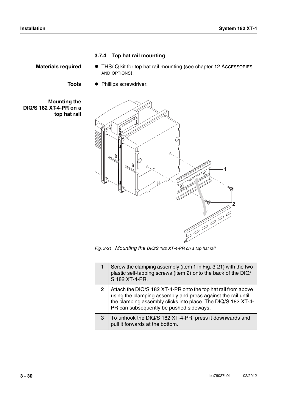 4 top hat rail mounting, Top hat rail mounting -30, Section 3.7.4) | Mounting the | YSI DIQ/S 182 XT-4-PR User Manual | Page 44 / 158