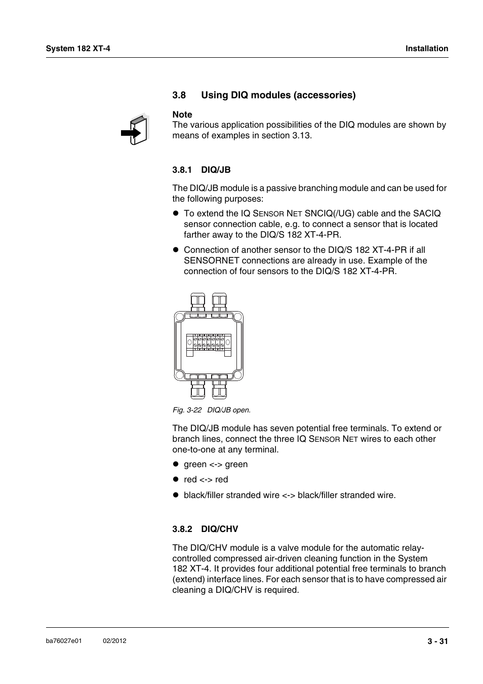 8 using diq modules (accessories), 1 diq/jb, 2 diq/chv | Using diq modules (accessories) -31 3.8.1, Diq/jb -31, Diq/chv -31, Section 3.8 | YSI DIQ/S 182 XT-4-PR User Manual | Page 45 / 158