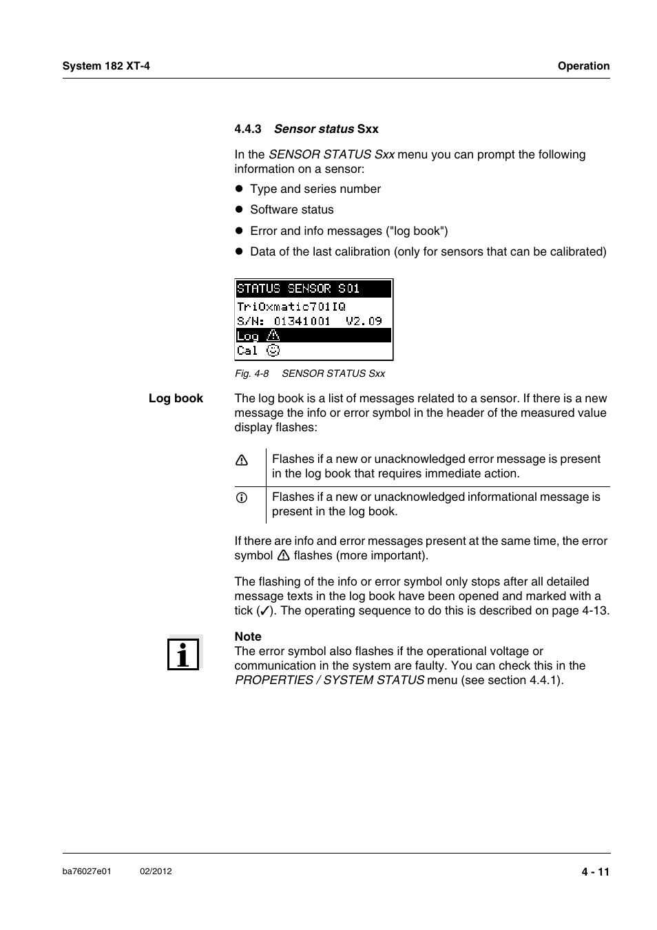 3 sensor status sxx, Senso | YSI DIQ/S 182 XT-4-PR User Manual | Page 77 / 158