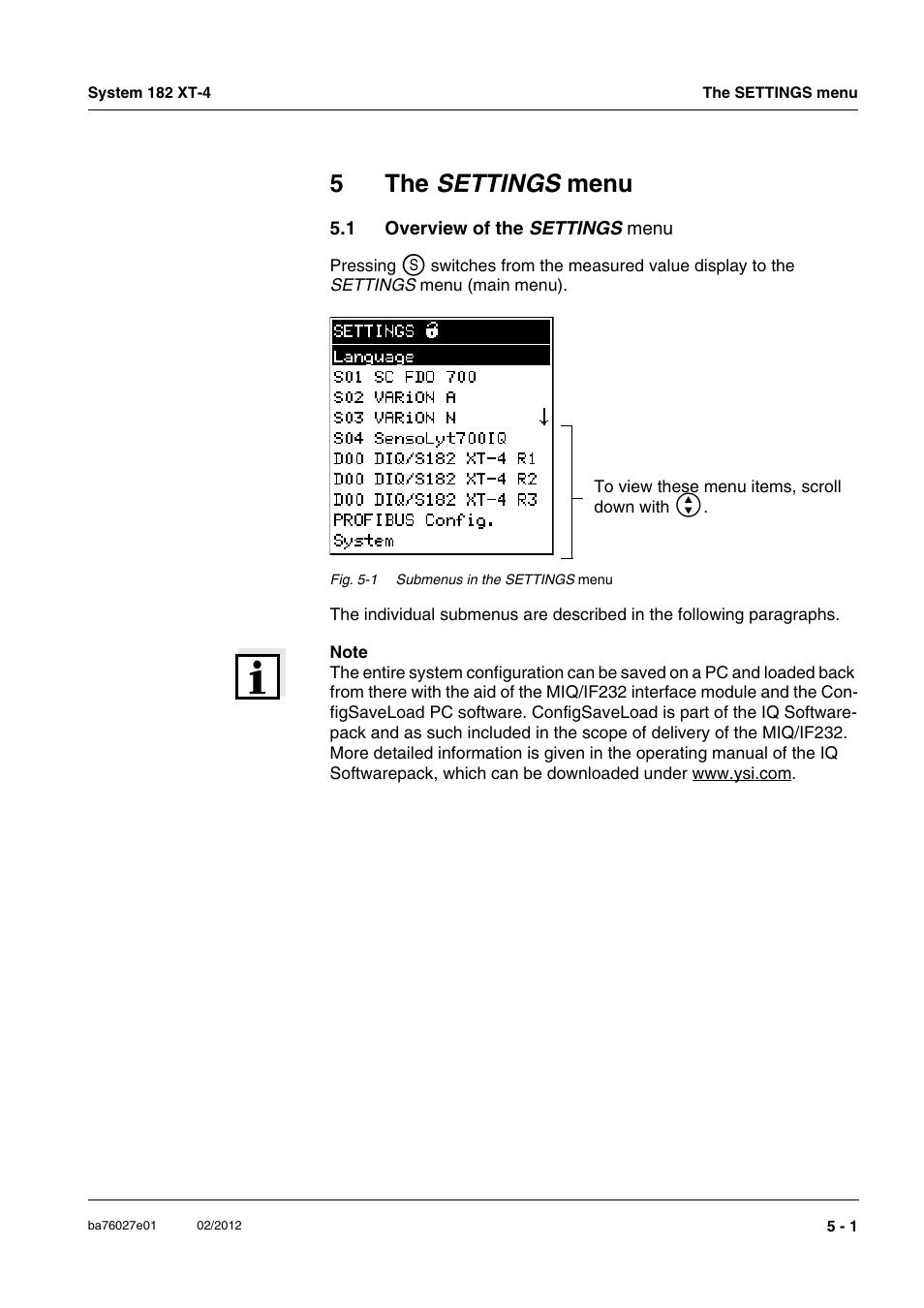 5 the settings menu, 1 overview of the settings menu, Overview of the | 5the settings menu | YSI DIQ/S 182 XT-4-PR User Manual | Page 85 / 158