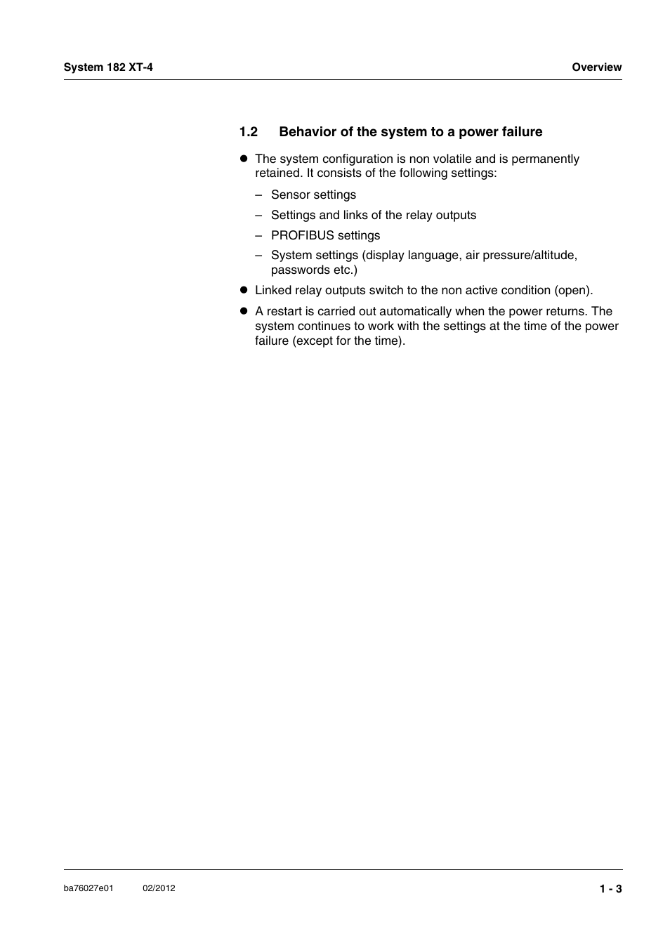 2 behavior of the system to a power failure, Behavior of the system to a power failure -3 | YSI DIQ/S 182 XT-4-PR User Manual | Page 9 / 158