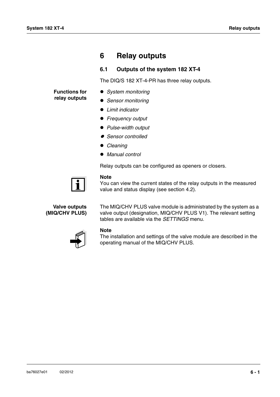 6 relay outputs, 1 outputs of the system 182 xt-4, Relay outputs -1 | Outputs of the system 182 xt-4 -1, Chapter 6 r, Elay, Outputs, 6relay outputs | YSI DIQ/S 182 XT-4-PR User Manual | Page 91 / 158