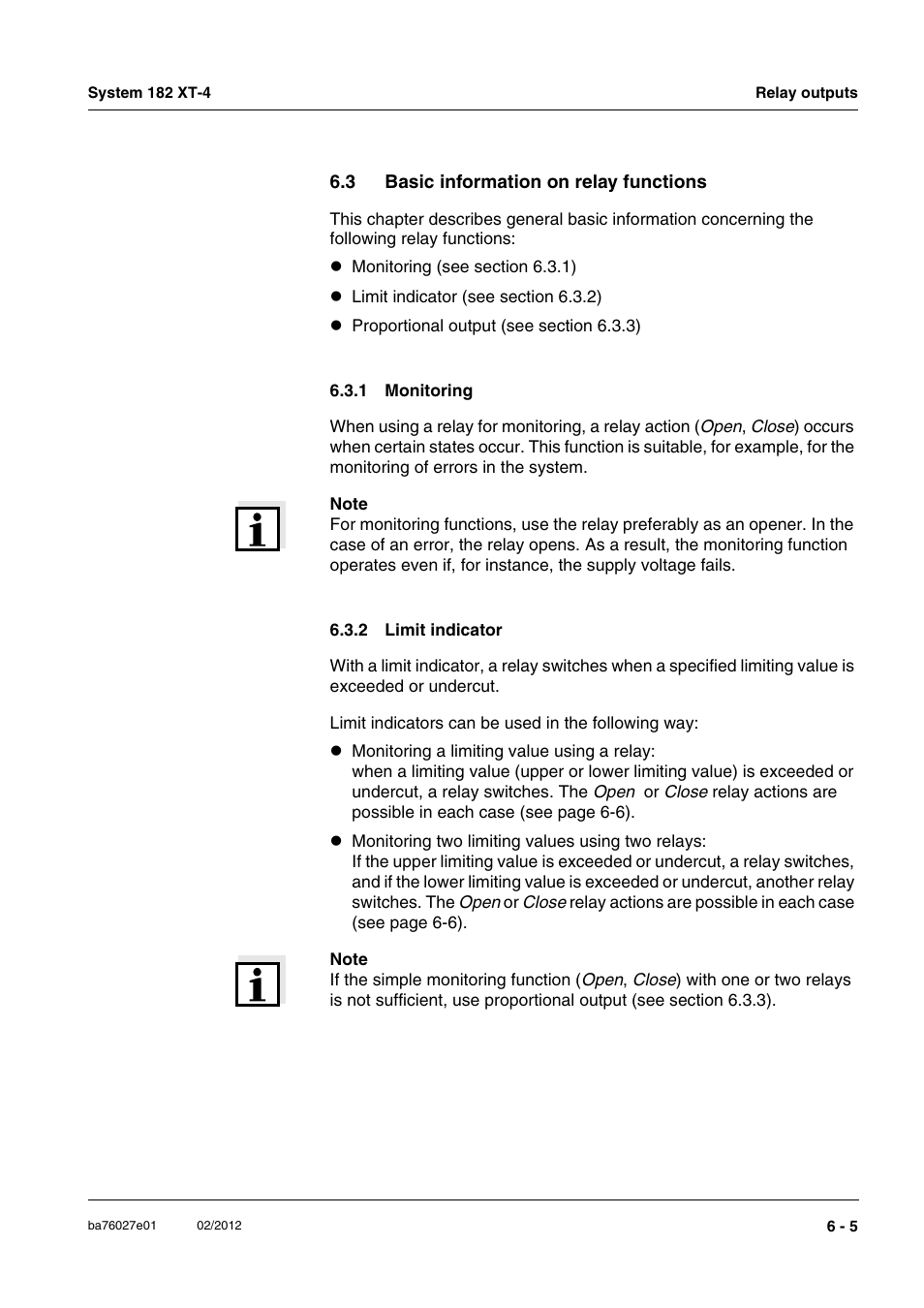 3 basic information on relay functions, 1 monitoring, 2 limit indicator | Basic information on relay functions -5 6.3.1, Monitoring -5, Limit indicator -5 | YSI DIQ/S 182 XT-4-PR User Manual | Page 95 / 158