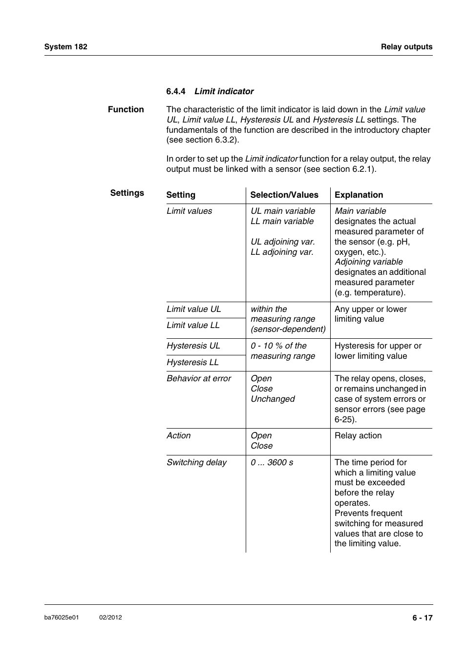 4 limit indicator, Limit indicator, Section 6.4.4 | YSI DIQ/S 182-MOD System 182 User Manual | Page 103 / 154