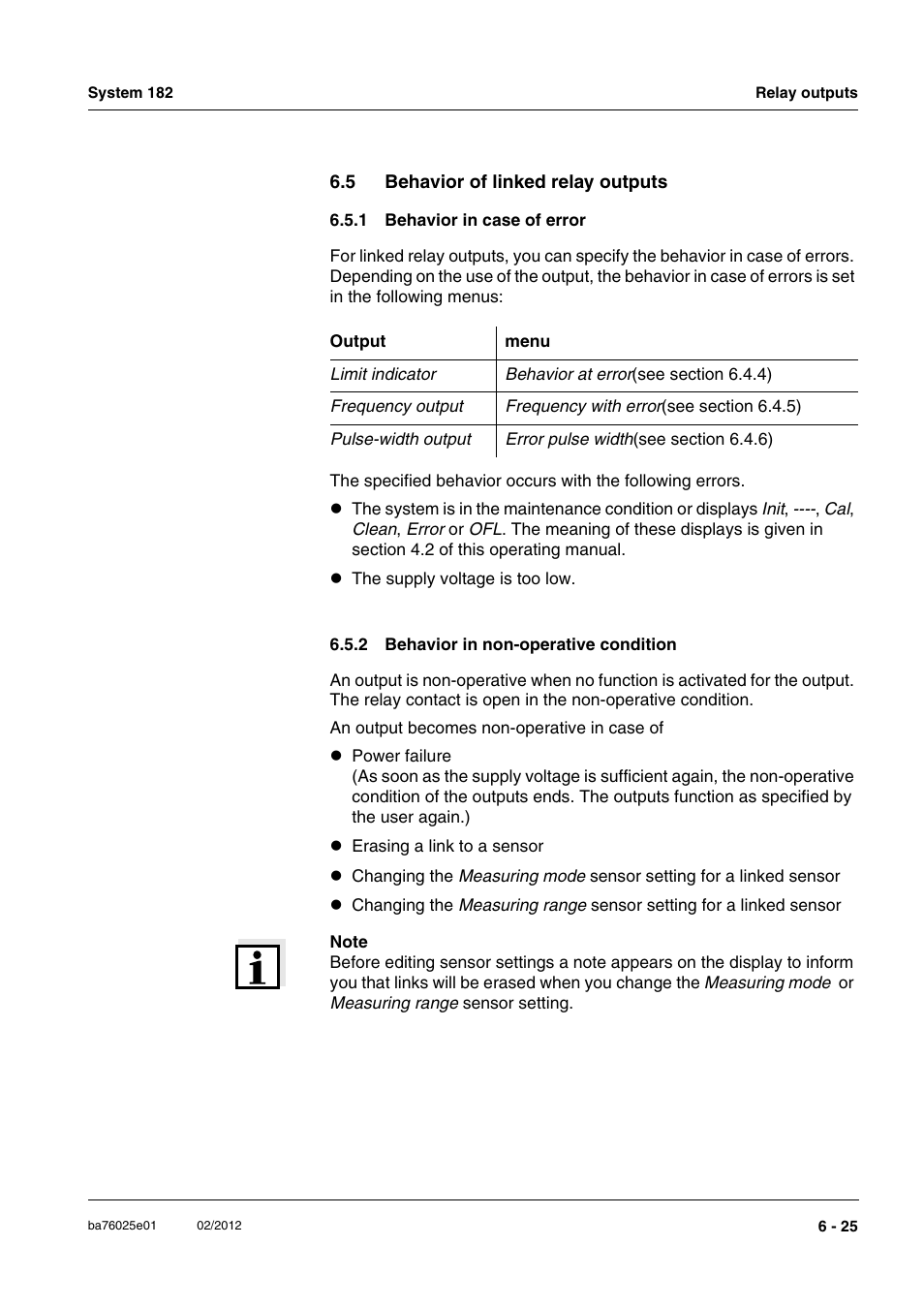 5 behavior of linked relay outputs, 1 behavior in case of error, 2 behavior in non-operative condition | Behavior of linked relay outputs -25 6.5.1, Behavior in case of error -25, Behavior in non-operative condition -25 | YSI DIQ/S 182-MOD System 182 User Manual | Page 111 / 154