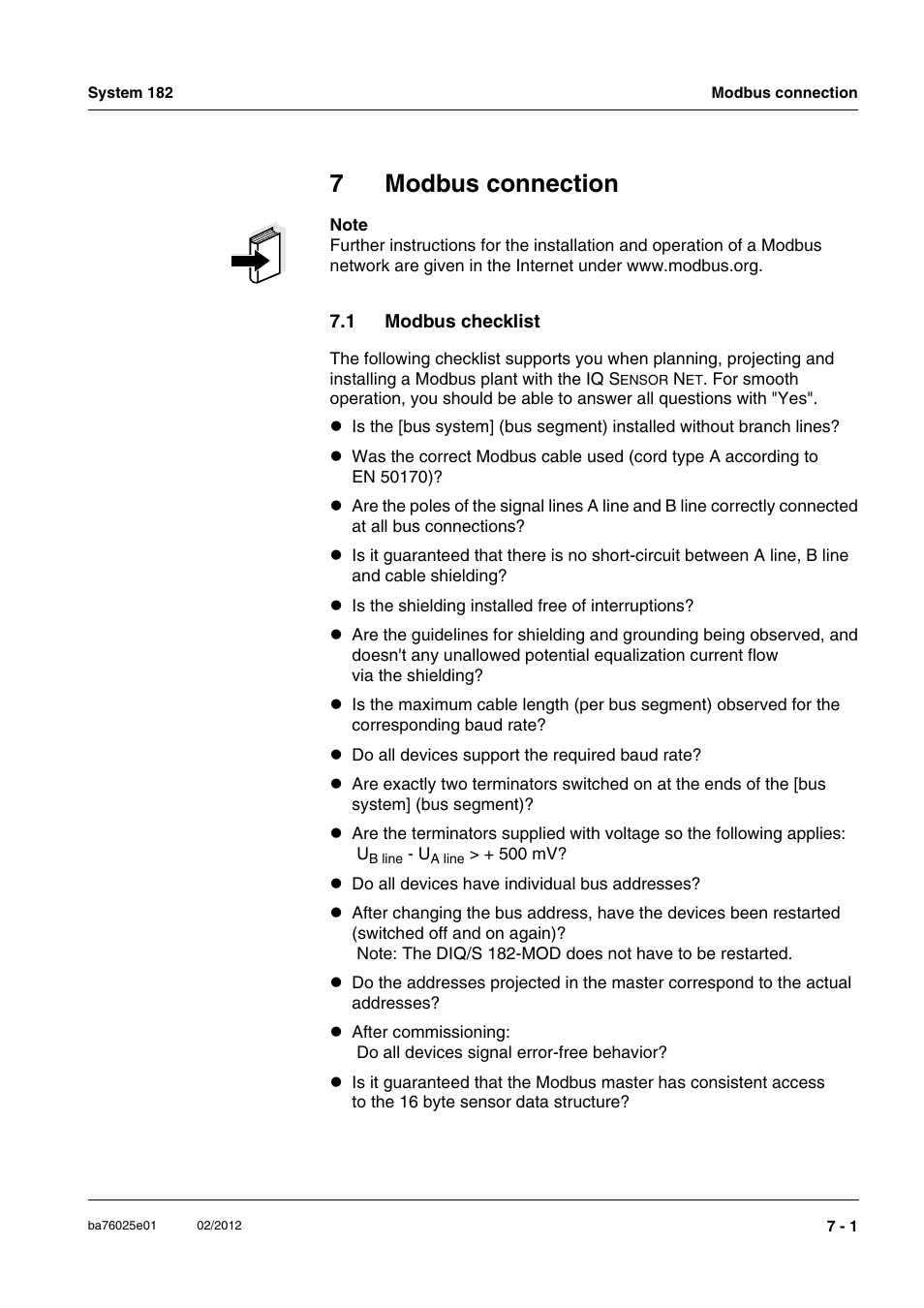 7 modbus connection, 1 modbus checklist, Modbus connection -1 | Modbus checklist -1, Chapter 7 m, Odbus, Connection, Plant is given in chapter 7 m, 7modbus connection | YSI DIQ/S 182-MOD System 182 User Manual | Page 113 / 154