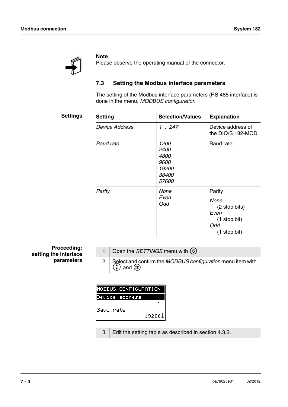 3 setting the modbus interface parameters, Setting the modbus interface parameters -4, Proceeding, see section 7.3 | YSI DIQ/S 182-MOD System 182 User Manual | Page 116 / 154