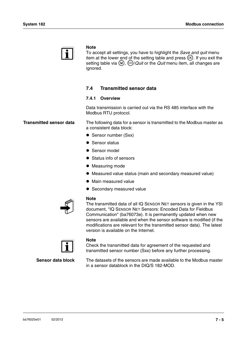 4 transmitted sensor data, 1 overview, Transmitted sensor data -5 7.4.1 | Overview -5 | YSI DIQ/S 182-MOD System 182 User Manual | Page 117 / 154