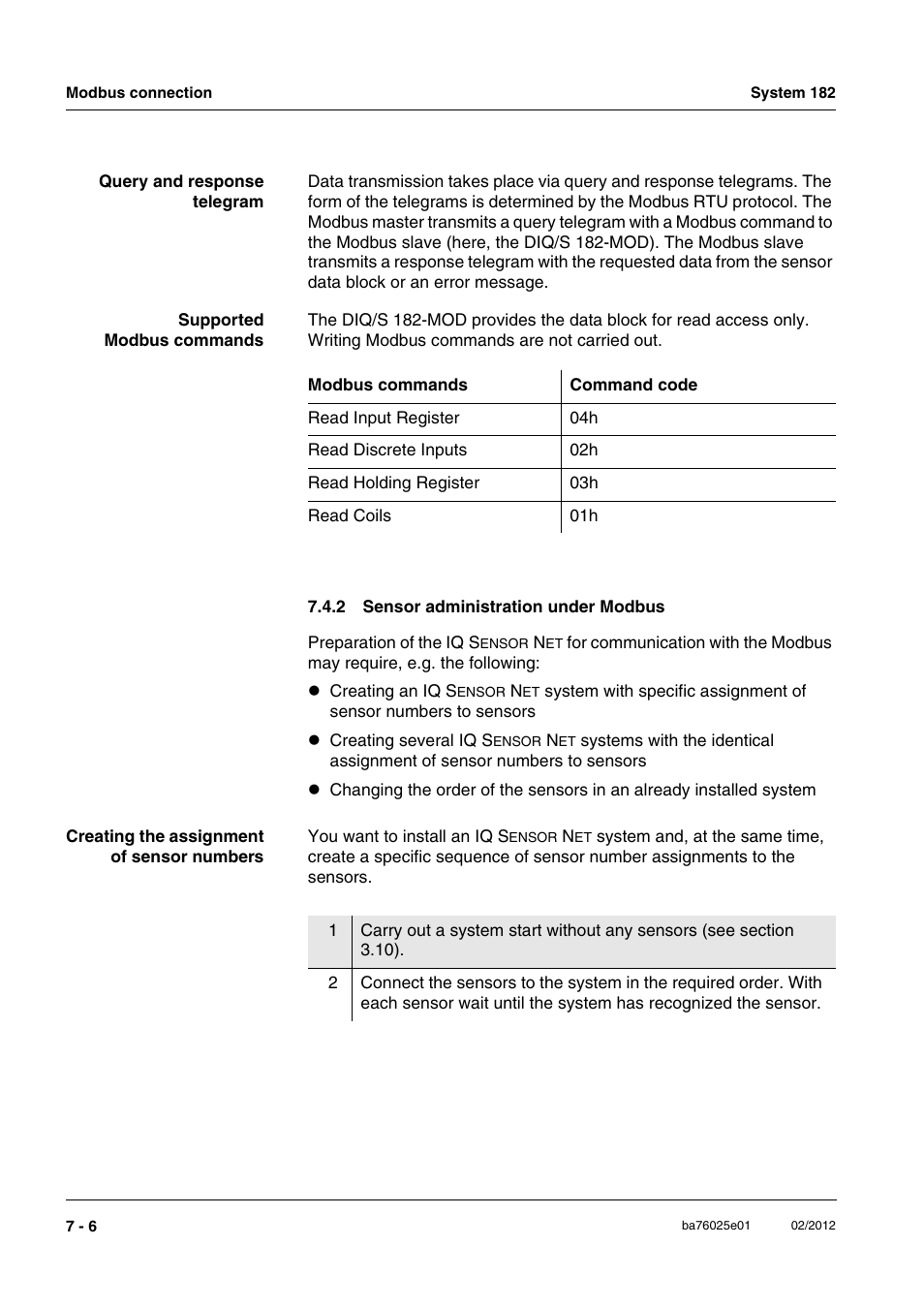 2 sensor administration under modbus, Sensor administration under modbus -6 | YSI DIQ/S 182-MOD System 182 User Manual | Page 118 / 154