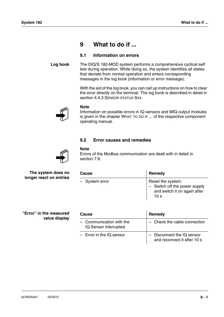 9 what to do if, 1 information on errors, 2 error causes and remedies | What to do if -1, Information on errors -1, Error causes and remedies -1, See chapter 9 w, Dealt with in chapter 9 w, 9what to do if | YSI DIQ/S 182-MOD System 182 User Manual | Page 129 / 154
