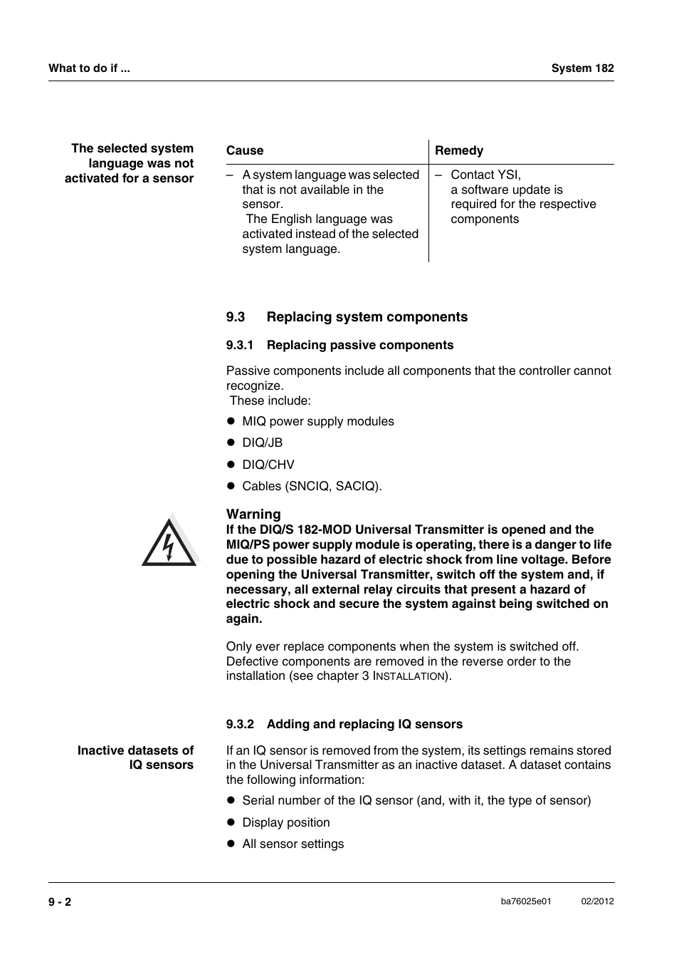3 replacing system components, 1 replacing passive components, 2 adding and replacing iq sensors | Replacing system components -2 9.3.1, Replacing passive components -2, Adding and replacing iq sensors -2 | YSI DIQ/S 182-MOD System 182 User Manual | Page 130 / 154
