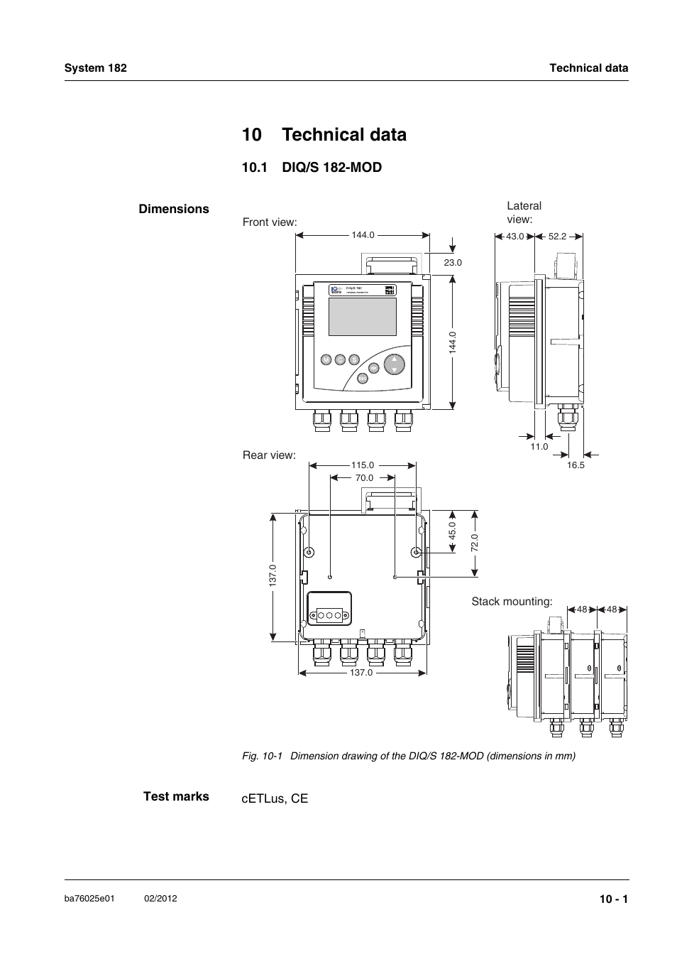 10 technical data, 1 diq/s 182-mod, 10 technical data -1 | 1 diq/s 182-mod -1, Chapter 10 t, Echnical, Data, Only operation an, Struments (see chapter 10 t, In chapter 10 t | YSI DIQ/S 182-MOD System 182 User Manual | Page 135 / 154