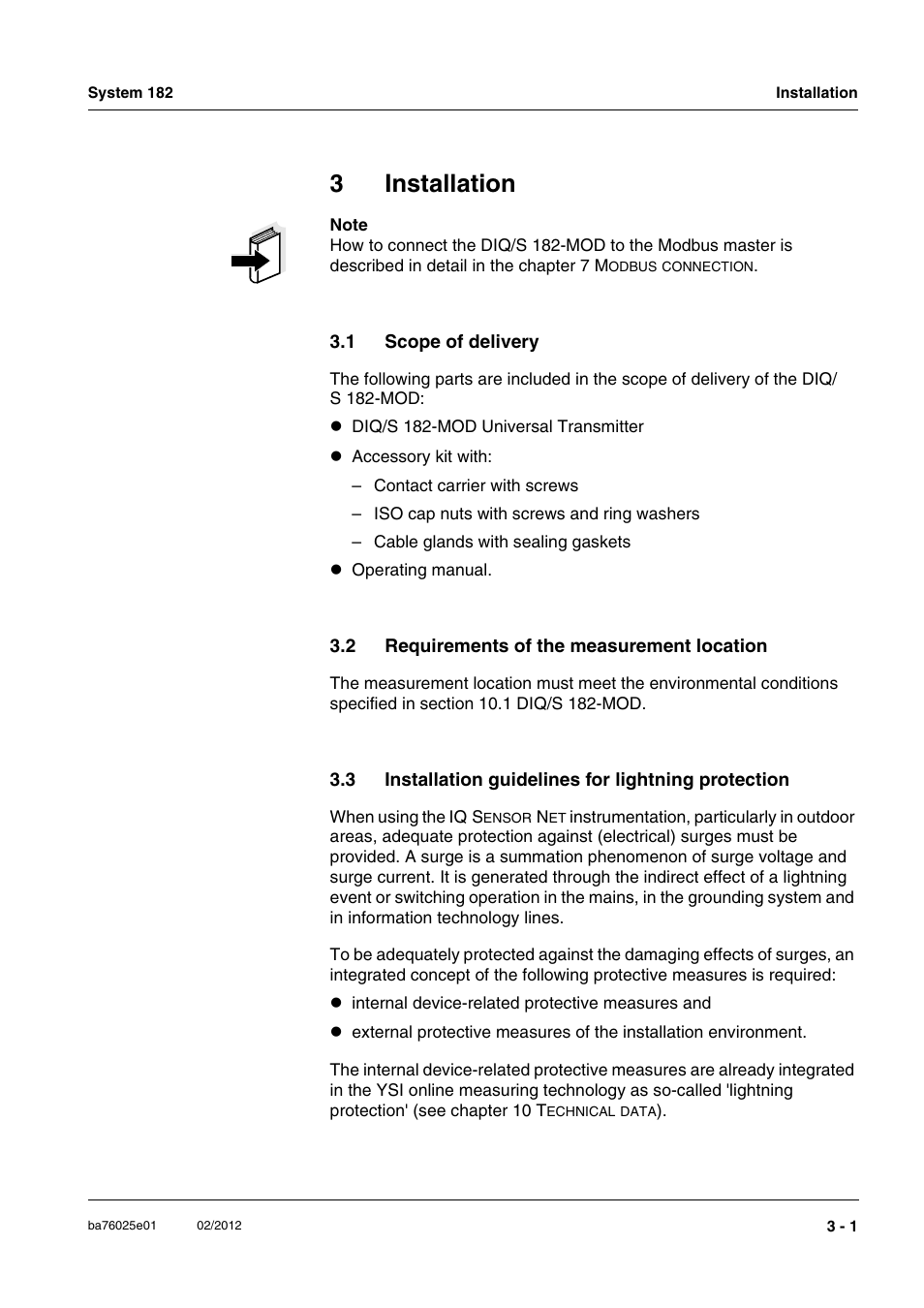 3 installation, 1 scope of delivery, 2 requirements of the measurement location | 3 installation guidelines for lightning protection, Installation -1, Scope of delivery -1, Requirements of the measurement location -1, 3installation | YSI DIQ/S 182-MOD System 182 User Manual | Page 15 / 154