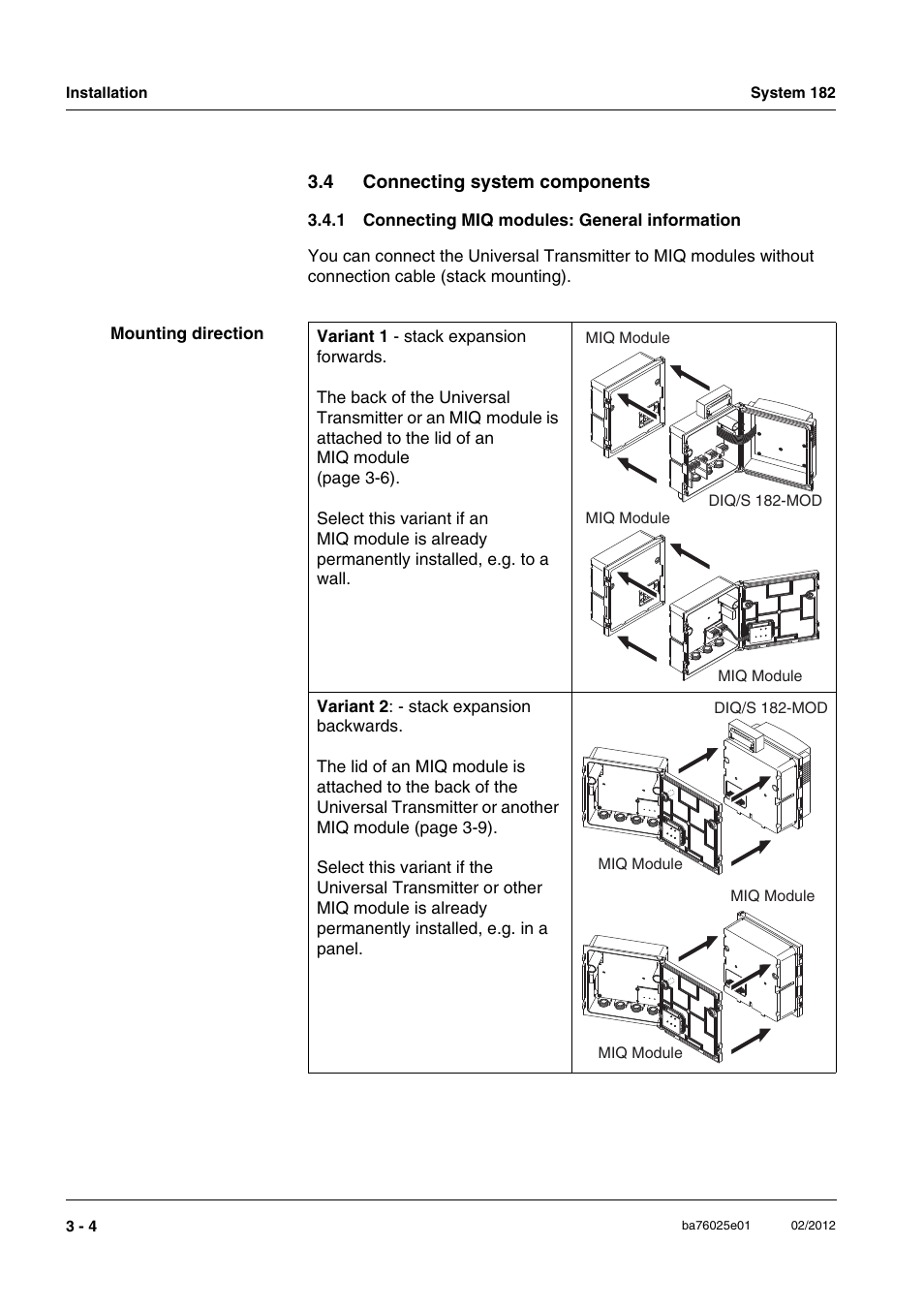 4 connecting system components, 1 connecting miq modules: general information, Connecting system components -4 3.4.1 | Connecting miq modules: general information -4 | YSI DIQ/S 182-MOD System 182 User Manual | Page 18 / 154