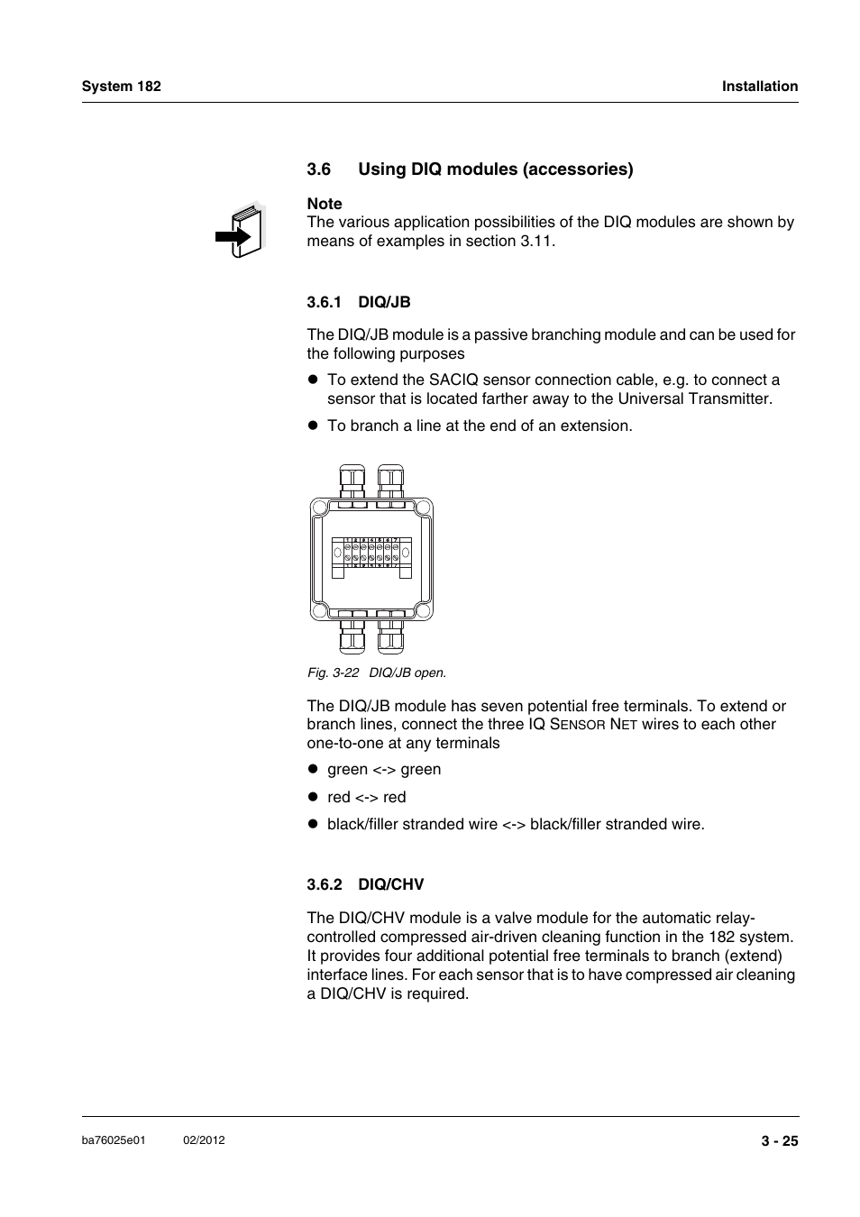 6 using diq modules (accessories), 1 diq/jb, 2 diq/chv | Using diq modules (accessories) -25 3.6.1, Diq/jb -25, Diq/chv -25 | YSI DIQ/S 182-MOD System 182 User Manual | Page 39 / 154