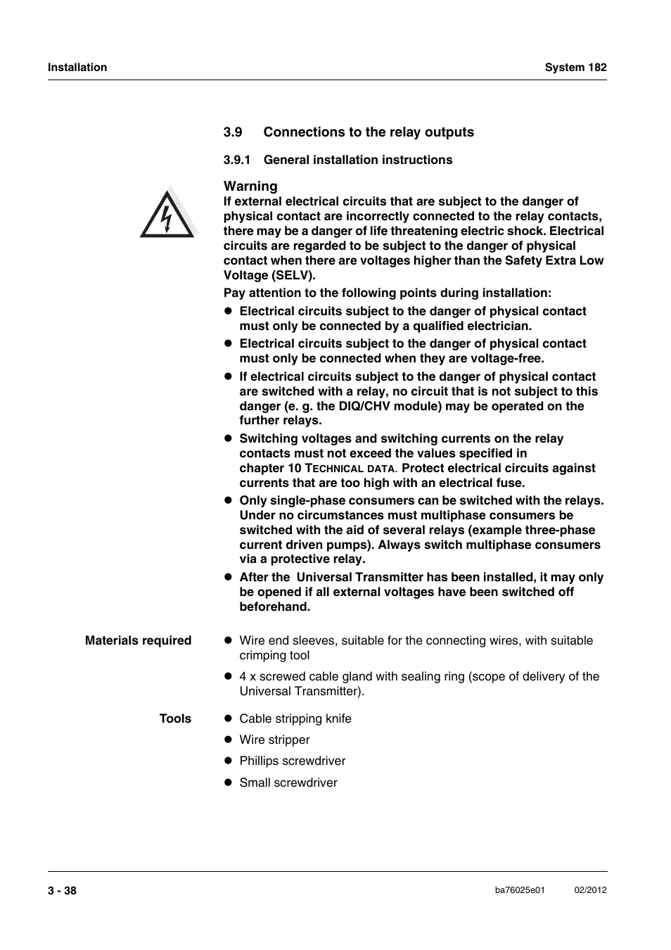 9 connections to the relay outputs, 1 general installation instructions, Connections to the relay outputs -38 3.9.1 | General installation instructions -38 | YSI DIQ/S 182-MOD System 182 User Manual | Page 52 / 154