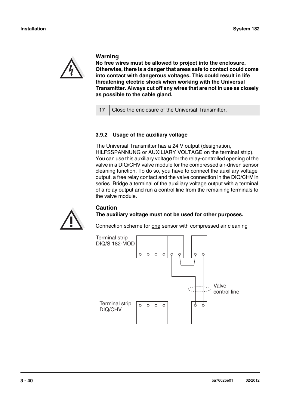 2 usage of the auxiliary voltage, Usage of the auxiliary voltage -40, Warning | Caution, Valve control line | YSI DIQ/S 182-MOD System 182 User Manual | Page 54 / 154