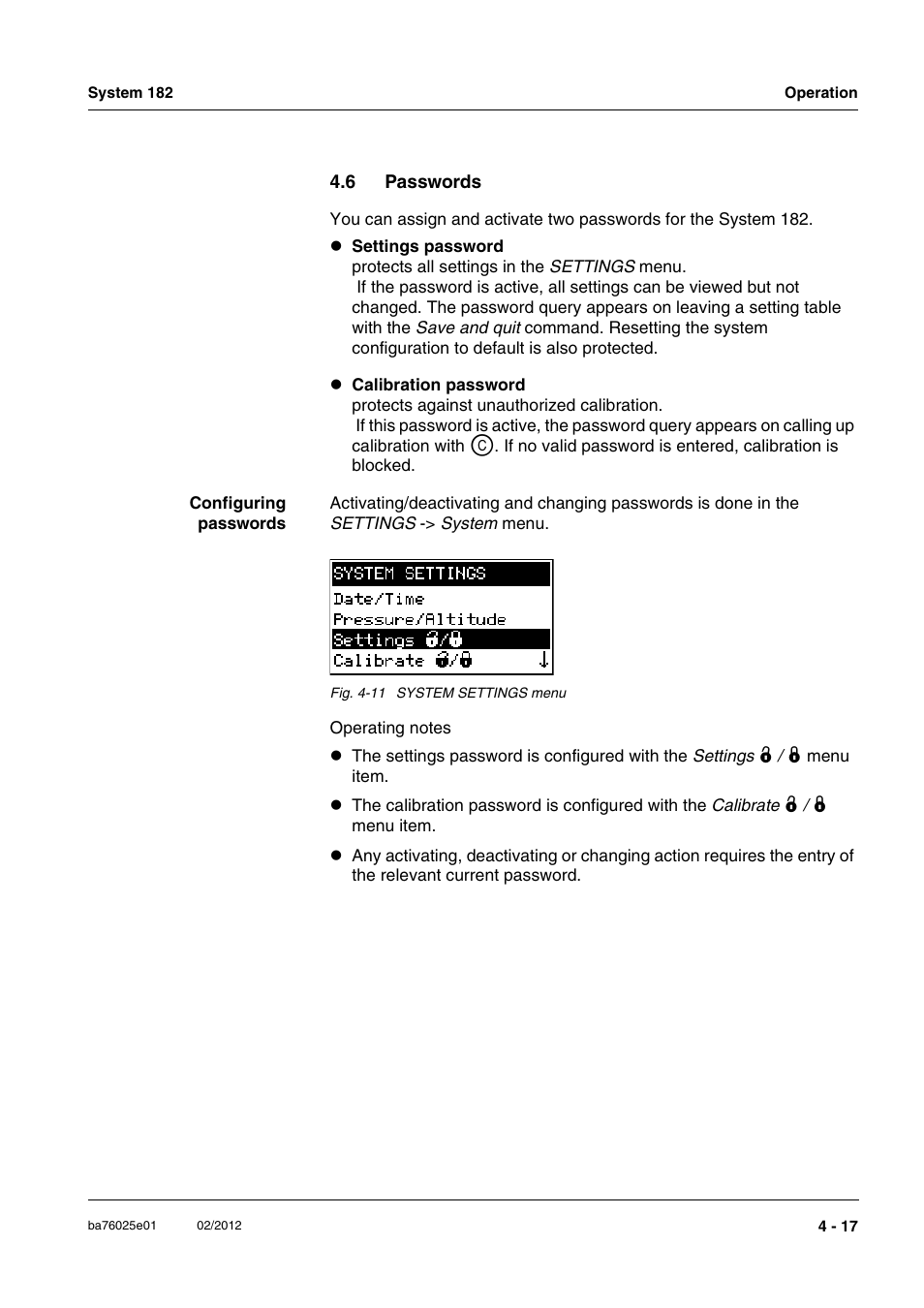 6 passwords, Passwords -17 | YSI DIQ/S 182-MOD System 182 User Manual | Page 79 / 154