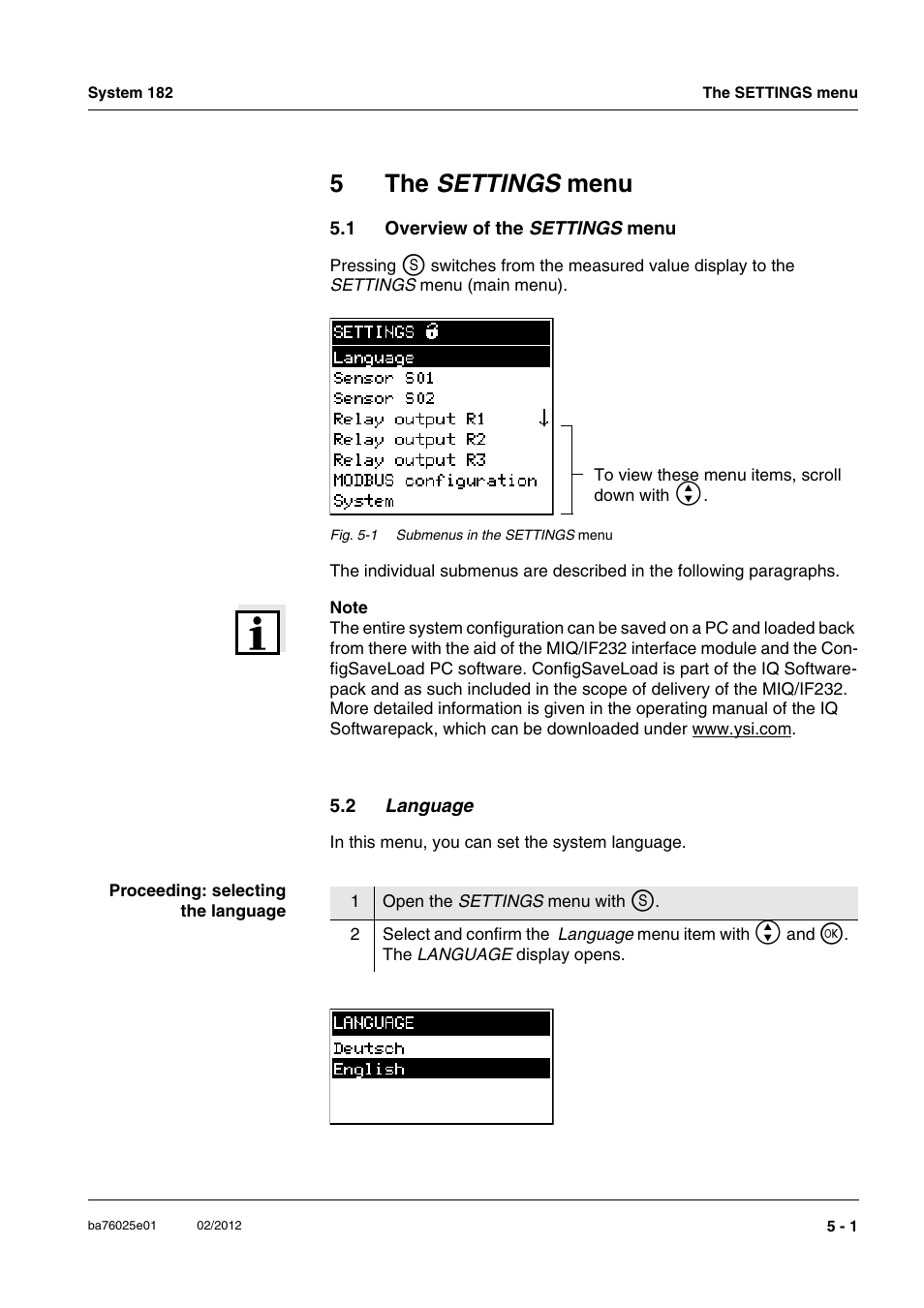5 the settings menu, 1 overview of the settings menu, 2 language | Overview of the, 5the settings menu | YSI DIQ/S 182-MOD System 182 User Manual | Page 81 / 154