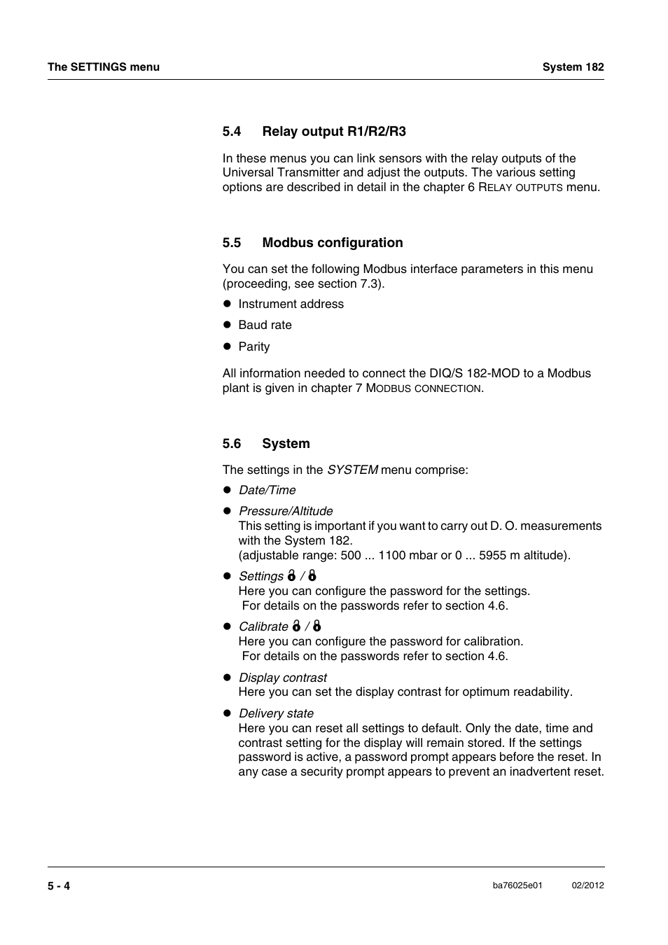 4 relay output r1/r2/r3, 5 modbus configuration, 6 system | Relay output r1/r2/r3 -4, Modbus configuration -4, System -4 | YSI DIQ/S 182-MOD System 182 User Manual | Page 84 / 154