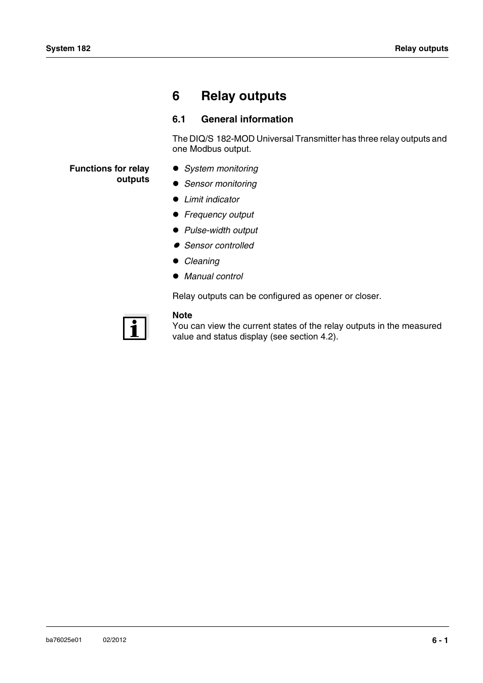 6 relay outputs, 1 general information, Relay outputs -1 | General information -1, Chapter 6 r, Elay, Outputs, 6relay outputs | YSI DIQ/S 182-MOD System 182 User Manual | Page 87 / 154